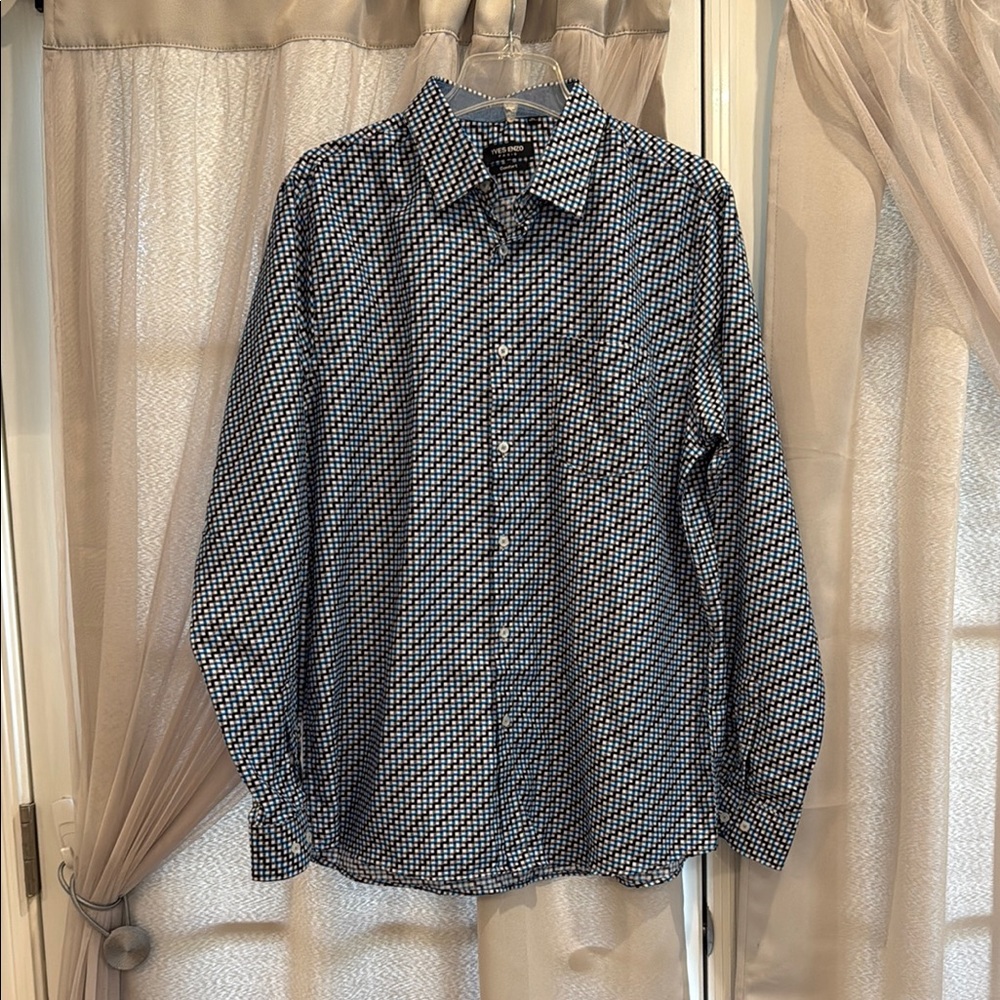 Yves Enzo Blue Men’s Checkered Button Down Shirt Size XL 43-44